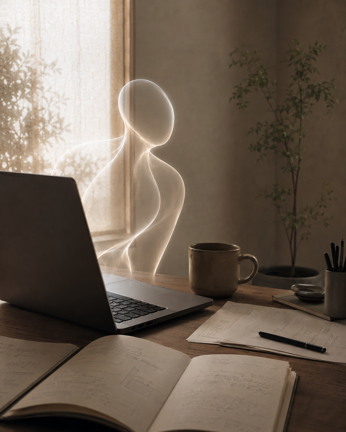 Founderの一人称視点で見た机上のノートとPC。そのそばに、名前を与えられた抽象的なAIパートナーReiが静かに存在している