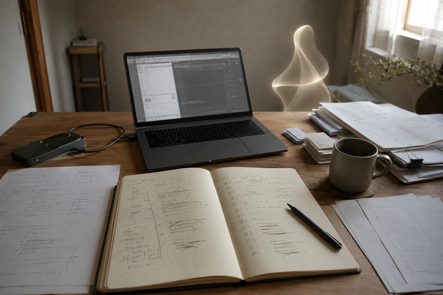 Founderの一人称視点で見たPC、ノート、外部ストレージと修正作業の痕跡。抽象的なAIパートナーReiが作業を支えている
