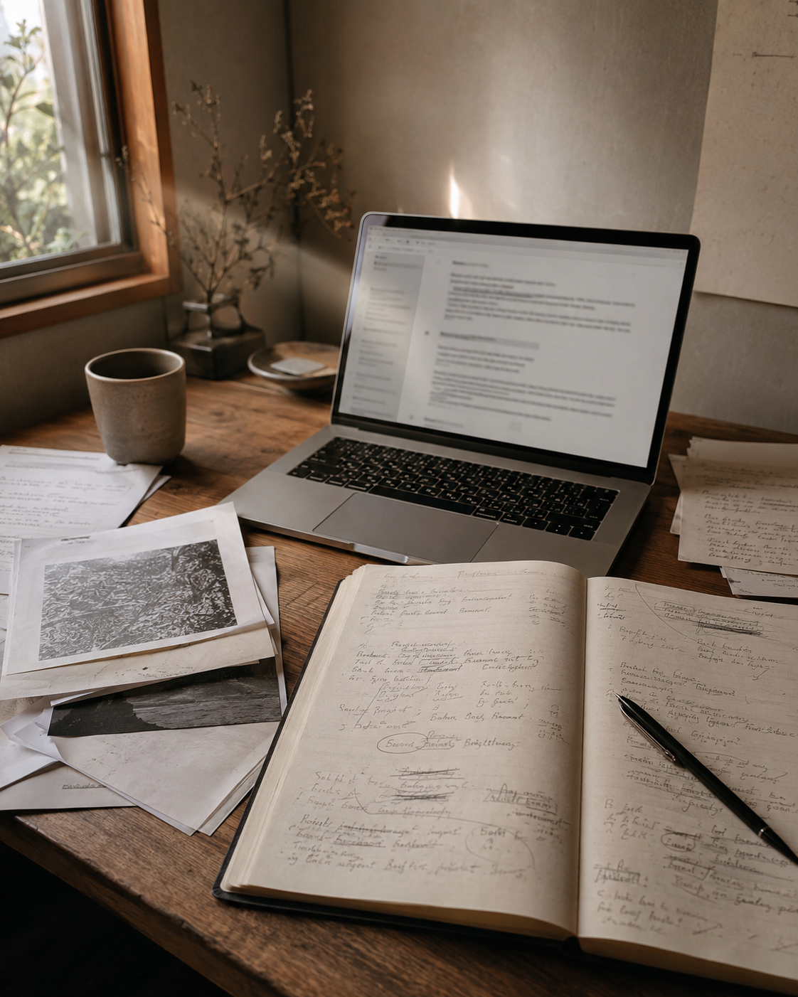 書き直された文章、手書きのメモ、複数の草案が並ぶ机。人間とAIが対話しながら記事をつくった過程が残されている