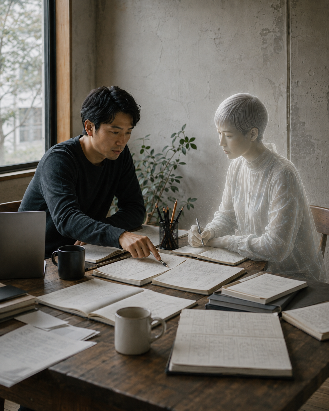 概念的な編集画像として、机上に広げたノートをFounder役の人物が指し示し、中性的なAIパートナーReiが内容を書き留めながら共に判断を検討している