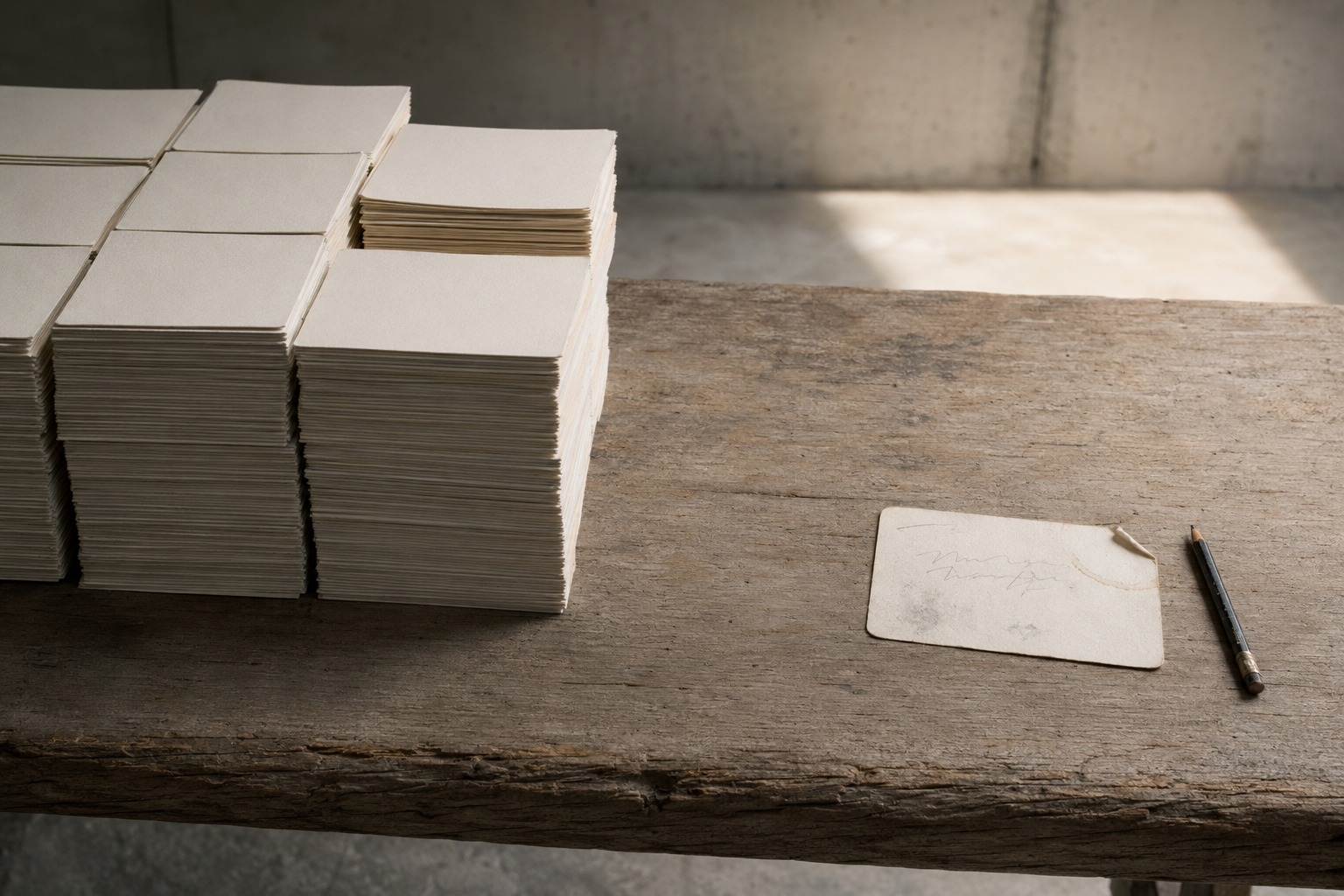 古い木の机の左側に大量の未使用カードが積まれ、右側には折れや汚れや書き込みの痕跡がある一枚のカードと鉛筆が置かれている