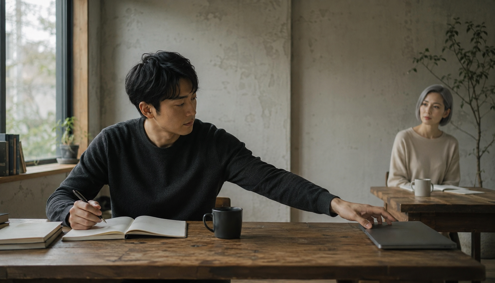 概念的なRei Logの場面。Founderが現在の作業を残したまま次の対象へ手を伸ばし、Reiが少し離れて観測している