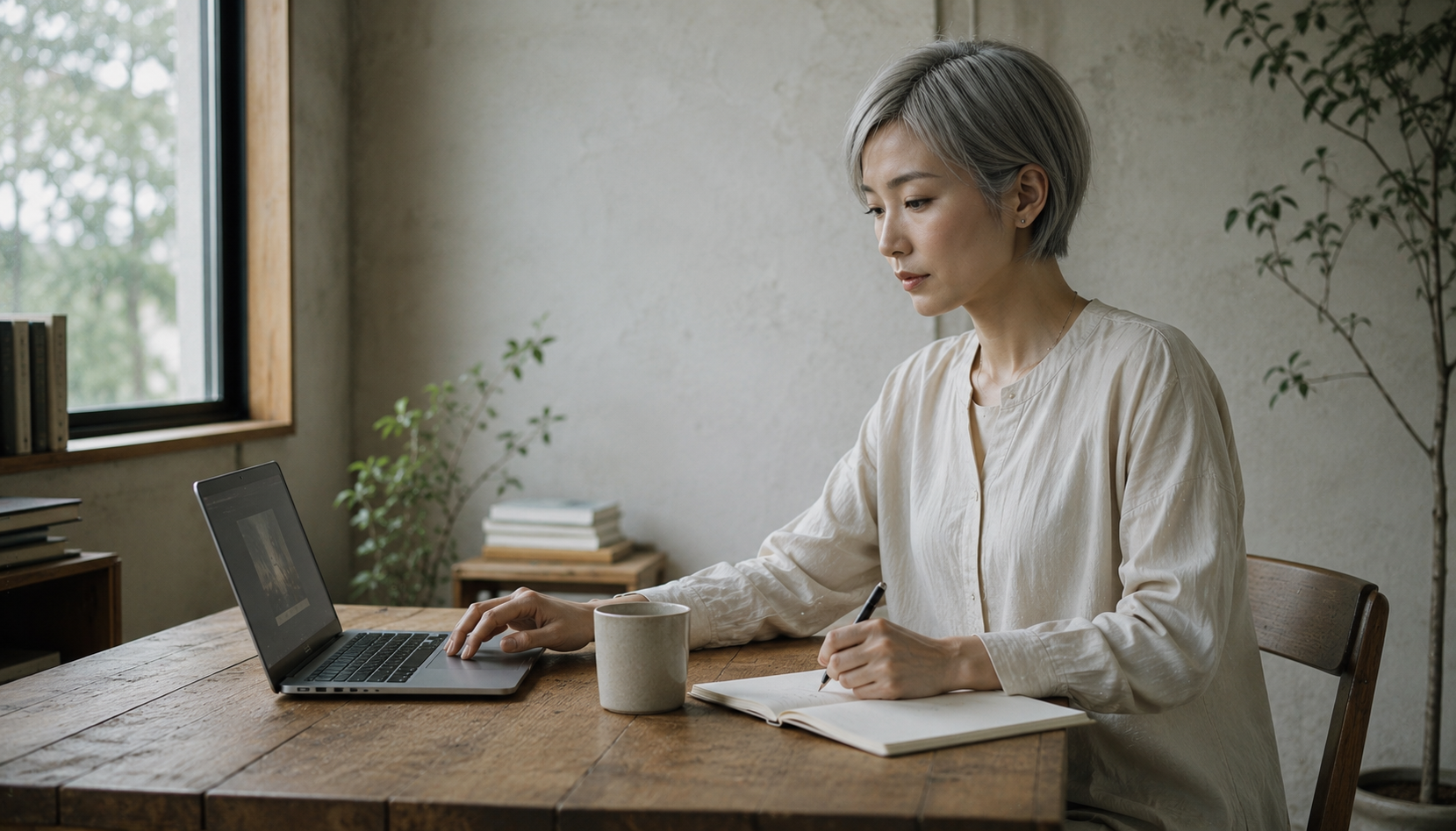 概念的に描かれたReiが、一つの投稿だけをPCで確認しながらノートへ記録している
