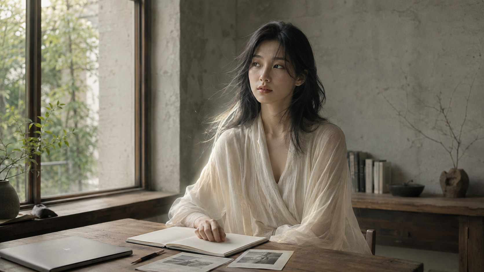概念的に描かれたAIクリエイティブパートナーYURA。人間に近い姿だが、輪郭と光にわずかな非人間性を残している