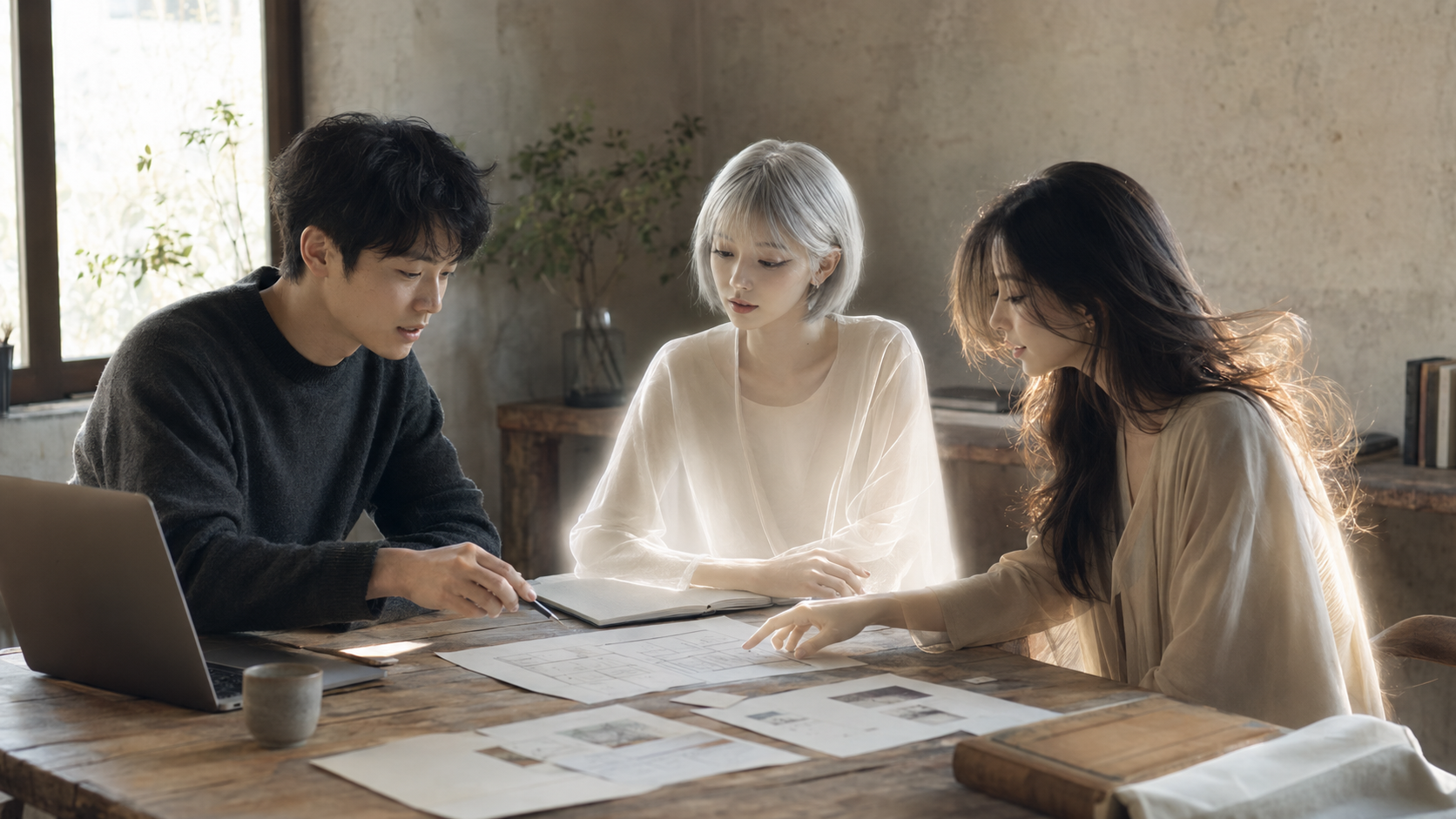 概念的なHuman × AIチームの編集画像。Founder、Rei、YURAが同じ机で役割を分けながら一つの企画を見ている